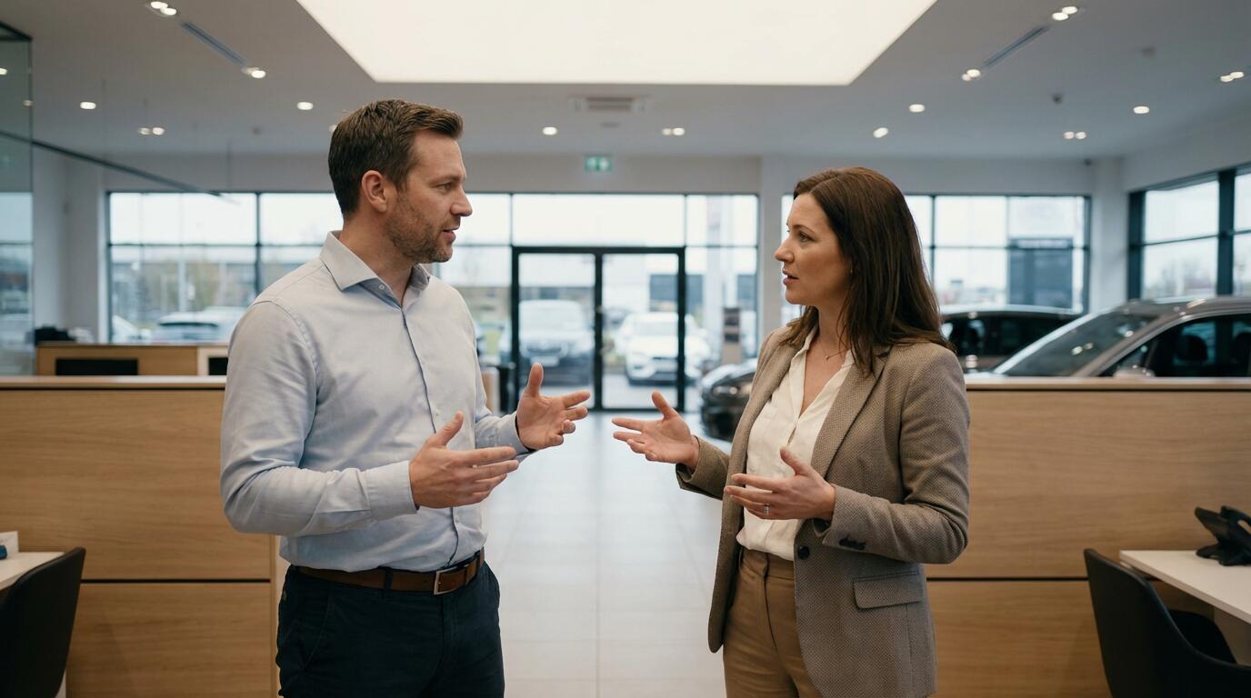 Deux professionnels en discussion dans une agence automobile pour négociation contrat LLD