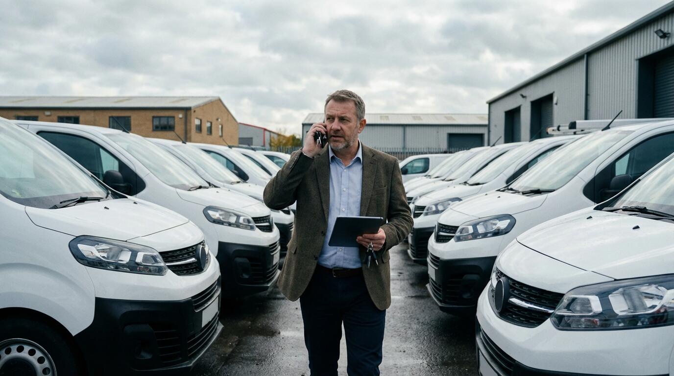 Gestionnaire de flotte inspectant des véhicules utilitaires alignés sur un parking professionnel