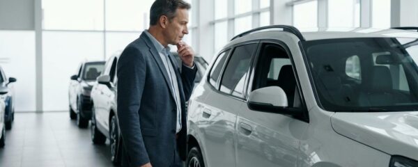 Professionnel observant un véhicule utilitaire en showroom automobile moderne pour négociation LLD