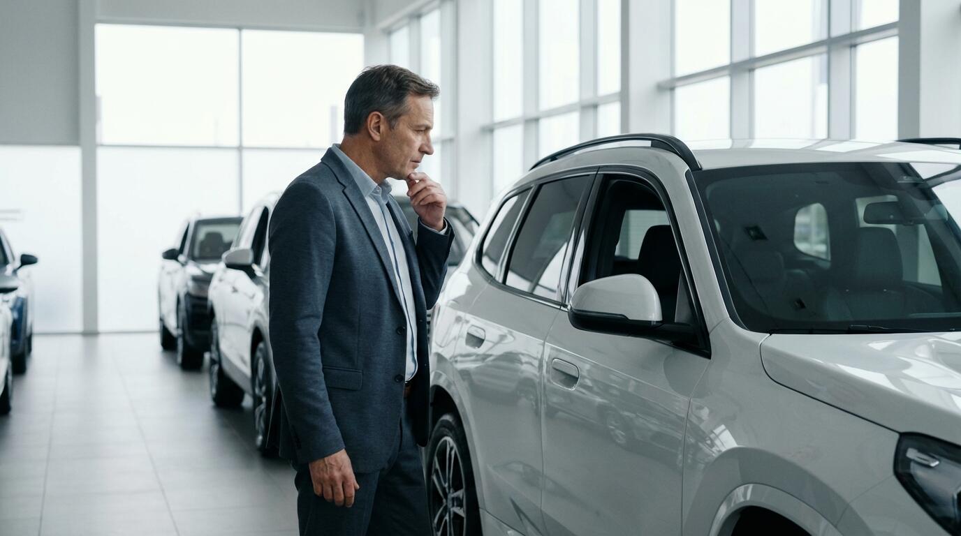 Professionnel observant un véhicule utilitaire en showroom automobile moderne pour négociation LLD