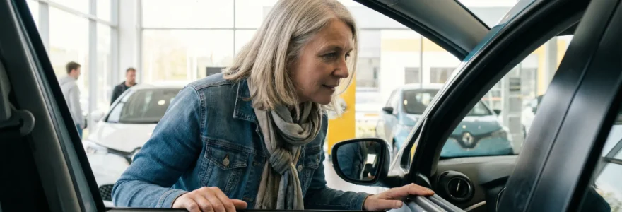 Femme découvrant une voiture sans permis électrique dans un showroom moderne