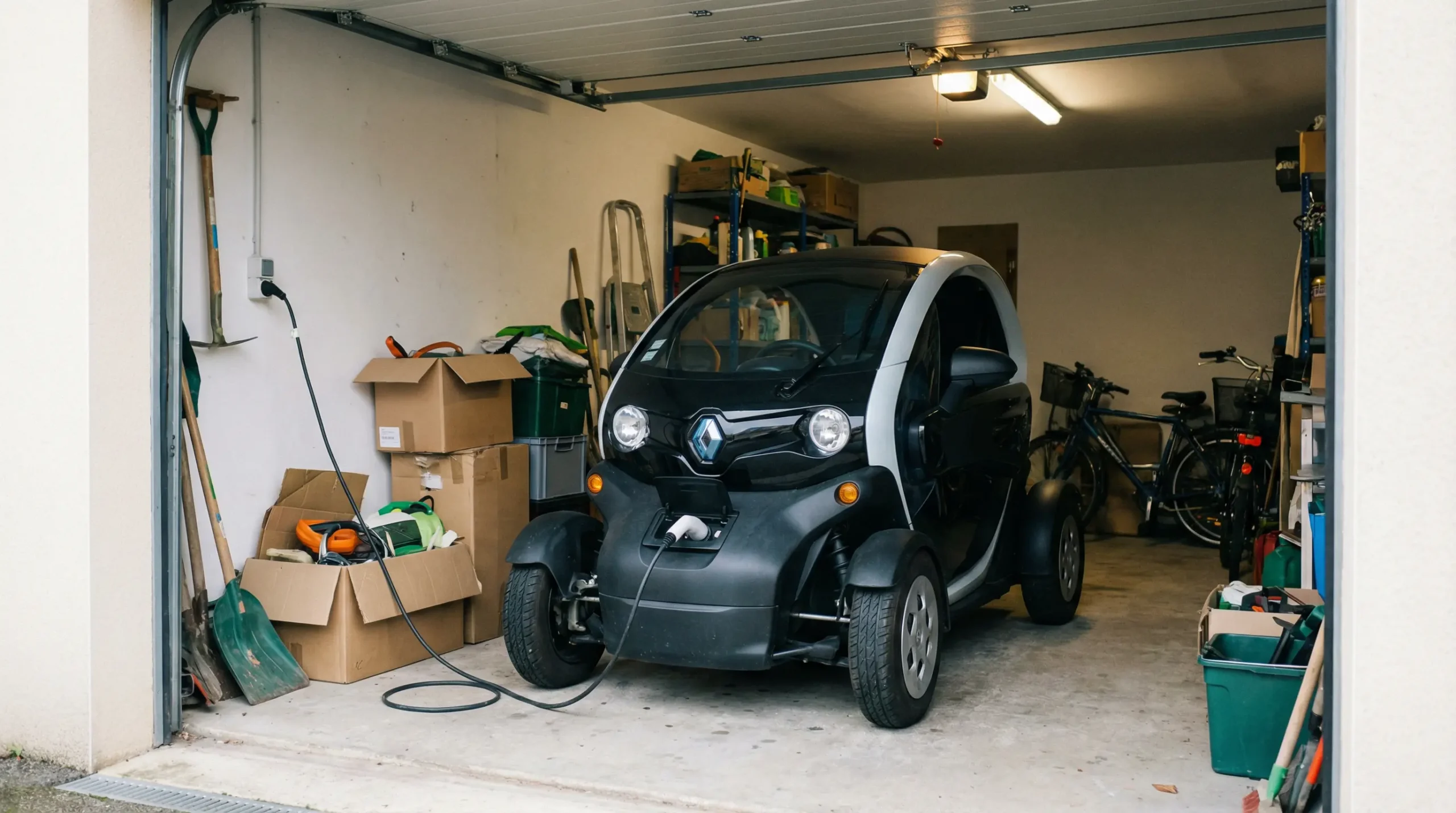 Voiture sans permis électrique en charge dans un garage résidentiel