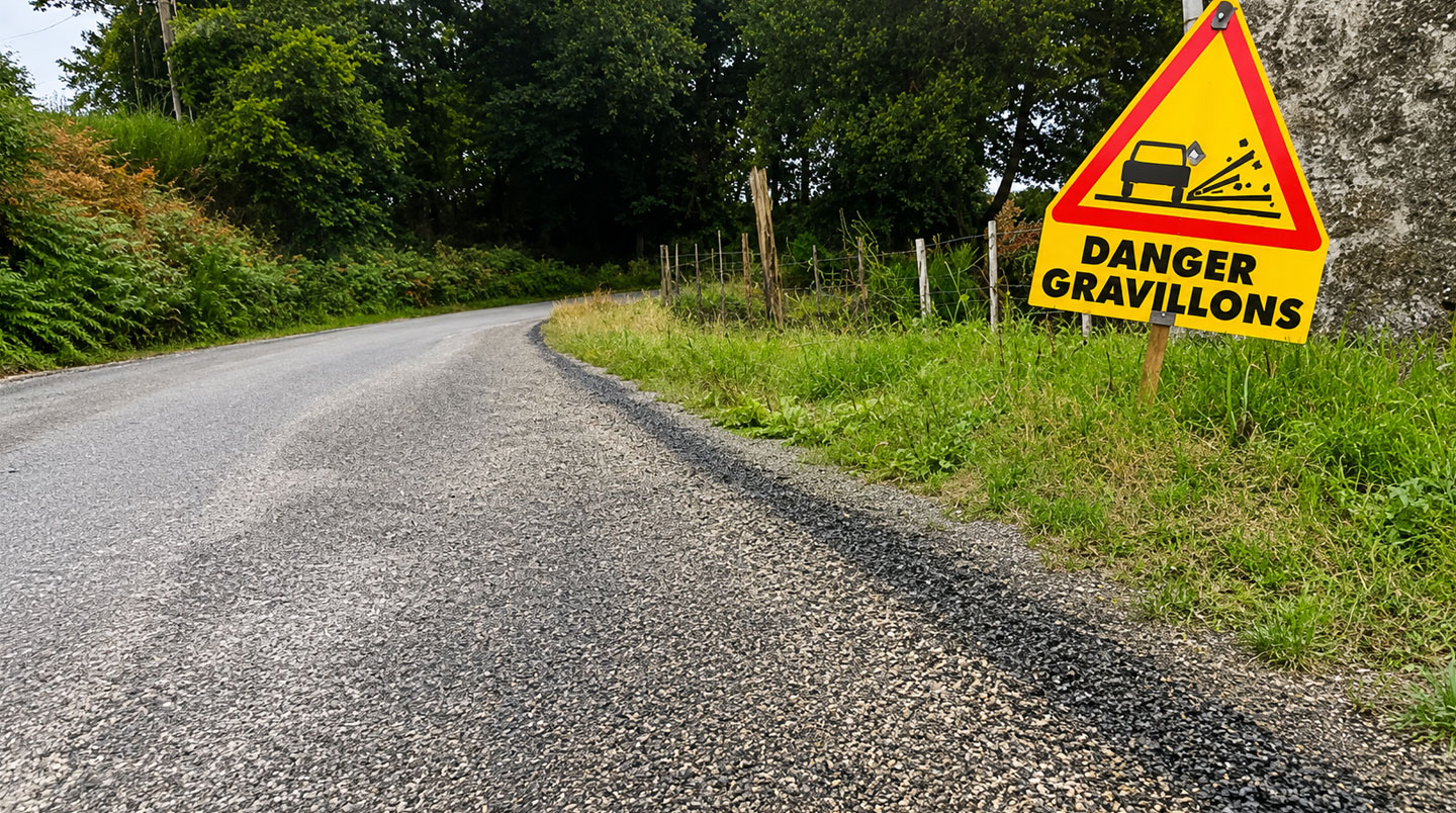 Gros plan sur impact en étoile sur pare-brise de voiture avec route rurale en arrière-plan flou, illustrant risque bris de glace