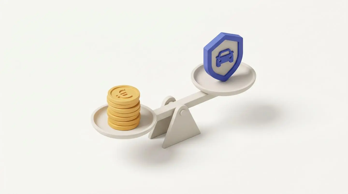 Illustration 3D d'une balance en équilibre avec pièces euros d'un côté et bouclier de protection de l'autre, symbolisant rapport coût-bénéfice garanties