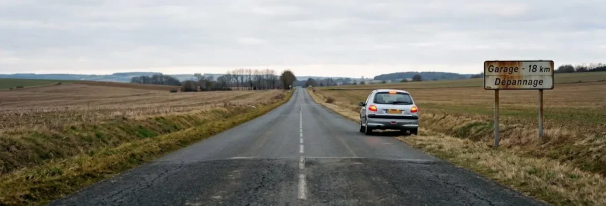 Voiture citadine immobilisée sur route départementale déserte avec panneau indiquant garage à 18 km, illustrant l'isolement en zone rurale